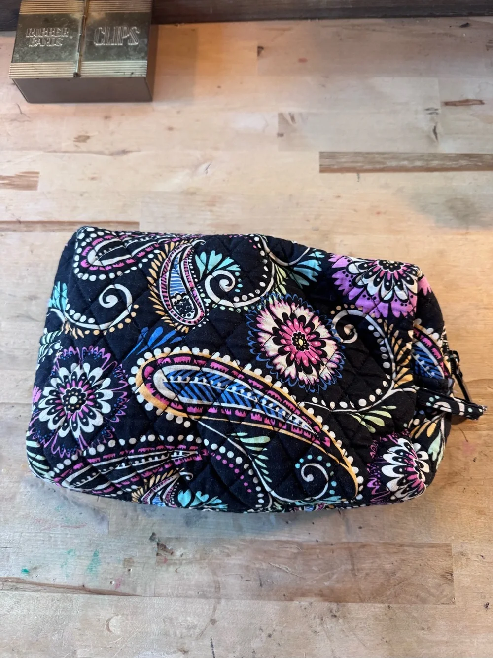 Vera Bradley Black Quilted Paisley Floral Cosmetic Pouch with Multicolor Accents